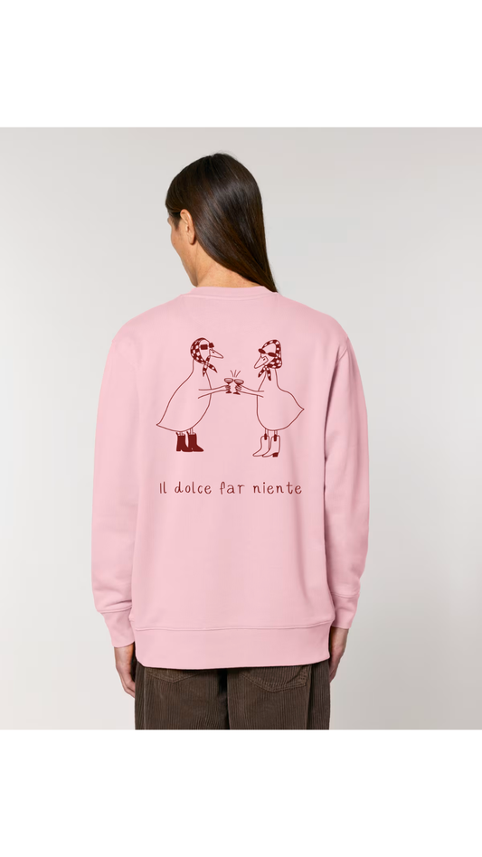 Rosa Pullover «Il dolce far niente» mit rotem Gänsemotiv auf dem Rücken – digitale Vorschau